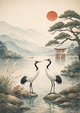 Japanese Cranes by a Torii Gate