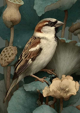 Sparrow on Lotus Leaves