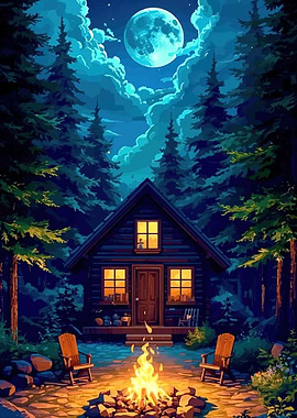Cozy Cabin Night Scene