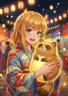 Anime Girl with Tanuki at Festival