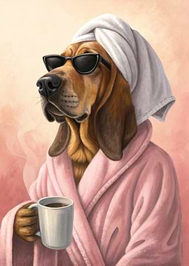 Bloodhound in Robe and Sunglasses with Coffee
