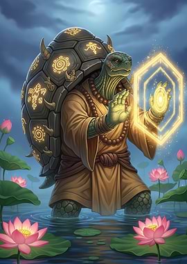 Mystical Turtle Monk in Lotus Pond