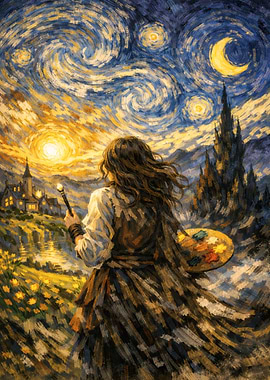 Artist Painting Starry Night Landscape