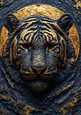 Golden Tiger Head Stone Relief