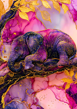 Whimsical Sleeping Elephant Gold Alcohol Ink Art