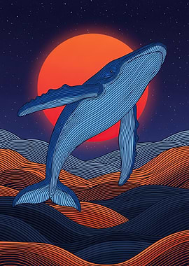 Whale jumping over stylized waves