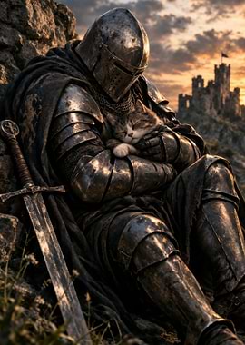 Knight holding a sleeping cat