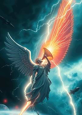 Angel blowing a horn in a storm