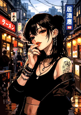 Anime Girl Smoking in Japanese City