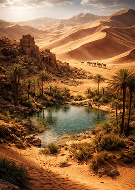 Desert Oasis with Camels and Ruins