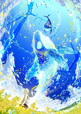 Girl and Whales in a Dreamlike Sky