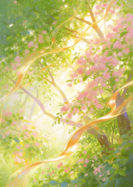 Enchanted Forest with Pink Blossoms and Golden Ribbons