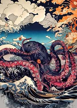 Giant Octopus Attacking Boats in a Stormy Sea