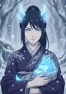 Winter Spirit Guardian with Wolf Cub