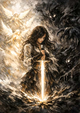 Warrior Woman with Glowing Sword and Angels vs Demons