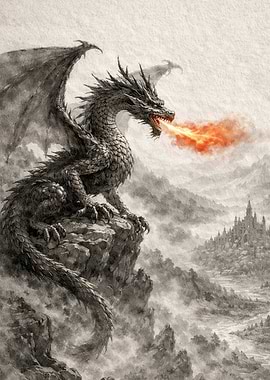 Dragon breathing fire over a castle