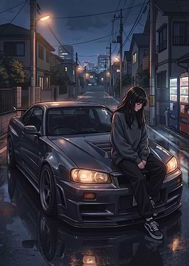 Girl Sitting on a Car Gtr R34