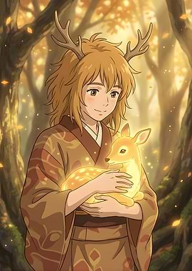 Girl with Antlers Holding a Glowing Fawn