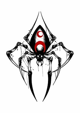Stylized Black Spider with Red Moon Symbol