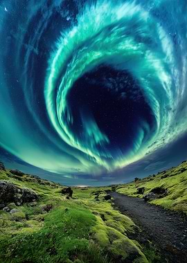 Aurora Borealis over Mossy Landscape