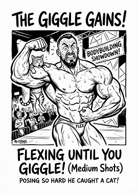 Bodybuilder Flexing with a Cat
