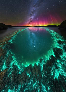 Bioluminescent Bay Under Aurora and Milky Way