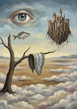 Surreal Dreamscape with Melting Clock and Floating Castle