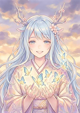 Anime Girl with Antlers and Butterflies