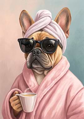 French Bulldog in Robe with Coffee