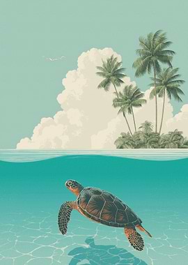 Sea Turtle Swimming Under Tropical Island