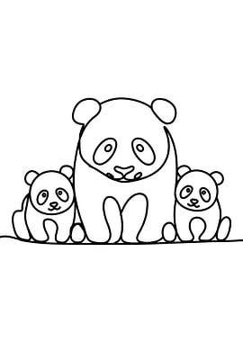 Three Pandas in a Line Drawing