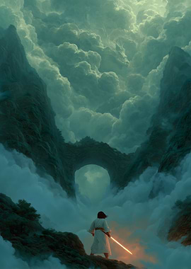 Warrior with glowing sword in misty mountains