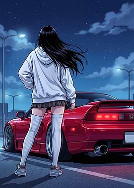 Anime Girl with Nsx Car at Night