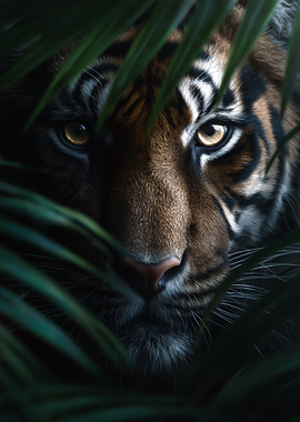 Tiger in jungle leaves