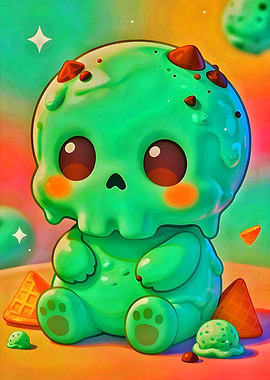 Cute Green Skull Ice Cream Character