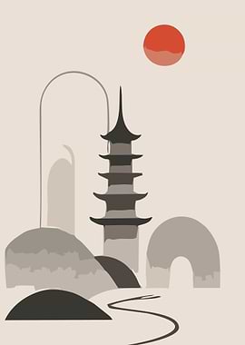 Minimalist Japanese Pagoda Landscape