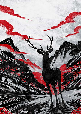 Mystical Deer in a Japanese Landscape