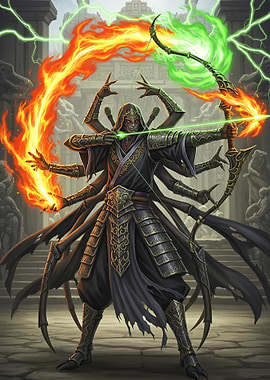 Multi-armed sorcerer with elemental powers