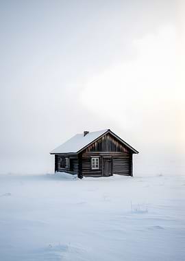 Solitary Cabin in Snowy Landscape