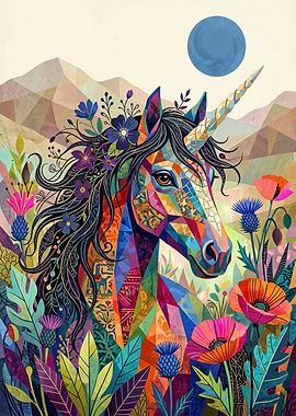 Colorful Geometric Unicorn in Floral Landscape