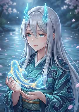 Anime Girl with Glowing Koi
