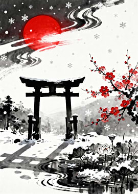 Winter Japanese Landscape with Torii Gate