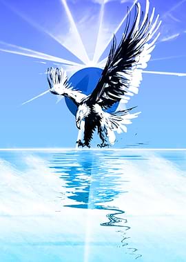 Eagle over water with sun