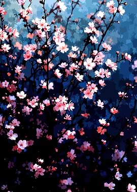 Pink Cherry Blossoms on Dark Blue Background