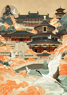 Cranes flying over traditional Asian architecture