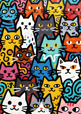 A Colorful Painting of Many Cats