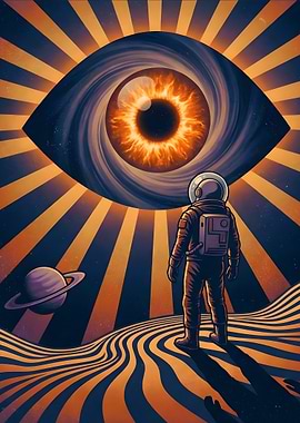 Astronaut gazes at cosmic eye and planet