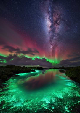 Aurora Borealis Over Bioluminescent Water