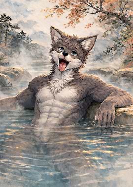 Anthropomorphic Wolf Enjoying a Hot Spring