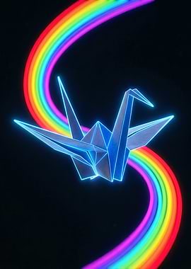 Neon Origami Crane with Rainbow
